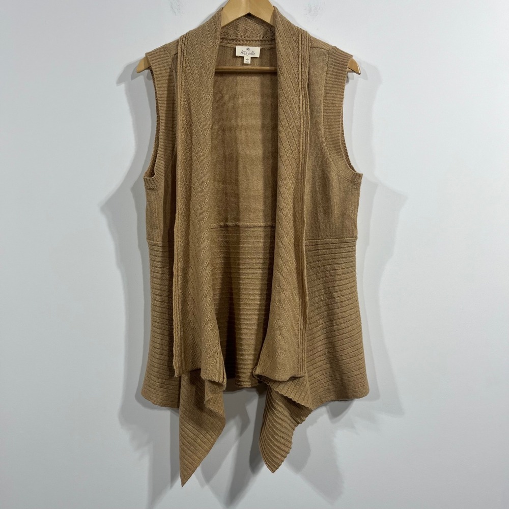 Tres Jolie Womens Quiet Luxury Wool Open Front Knit Vest Camel Large Layering